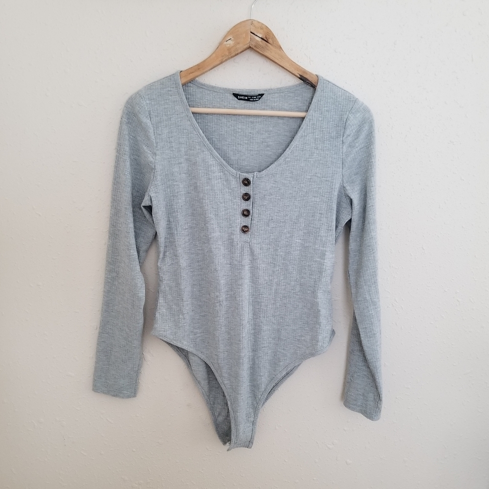 Shein Ribbed Grey Long Sleeve Bodysuit